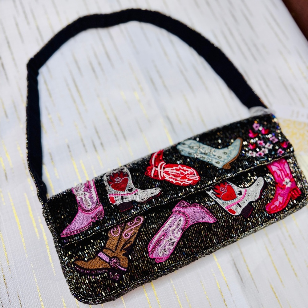 Viral Cowboy Boot Beaded Shoulder Bag Black Western Rodeo Purse Y2K - Picture 11 of 12